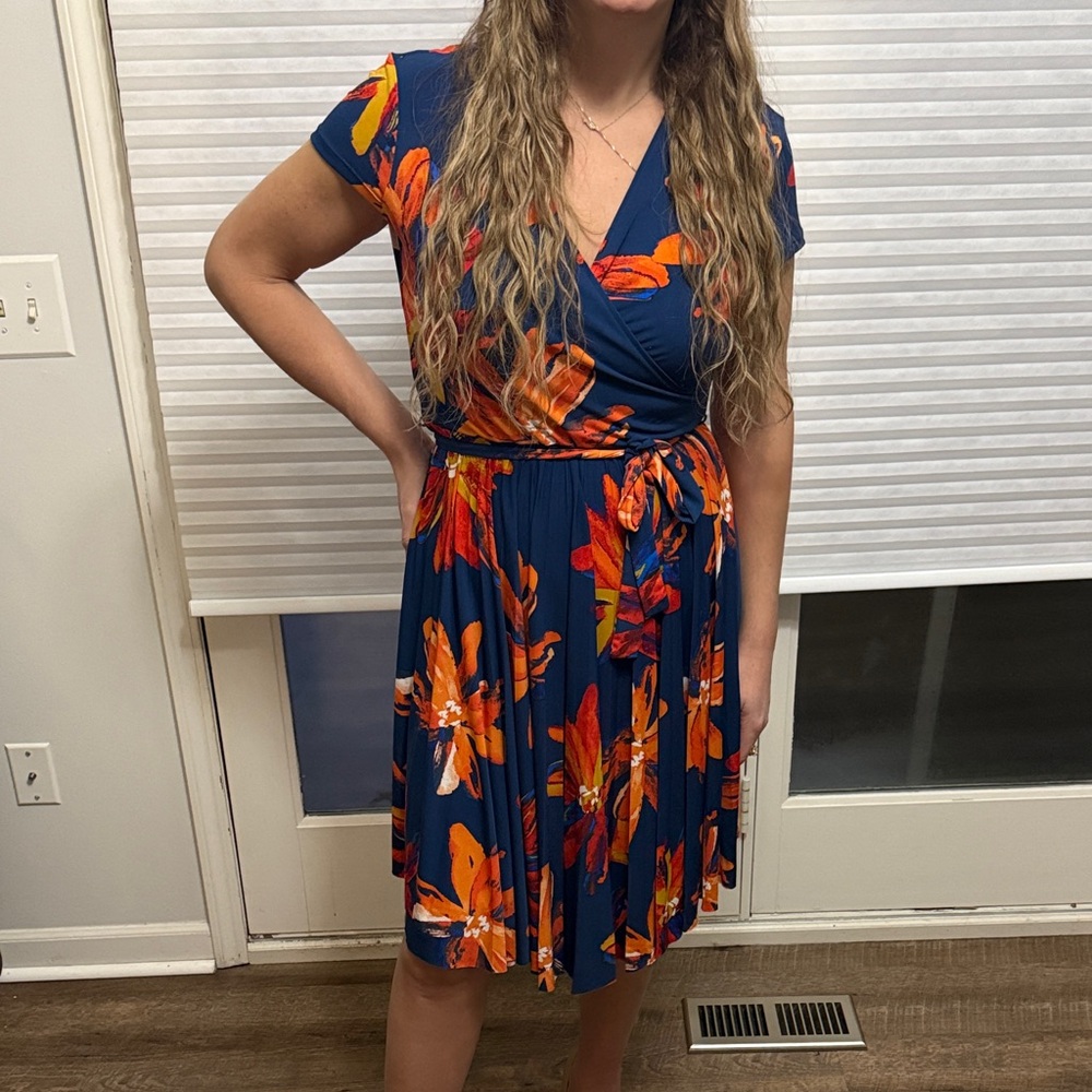 Maggy London Blue and Orange Floral Midi Dress